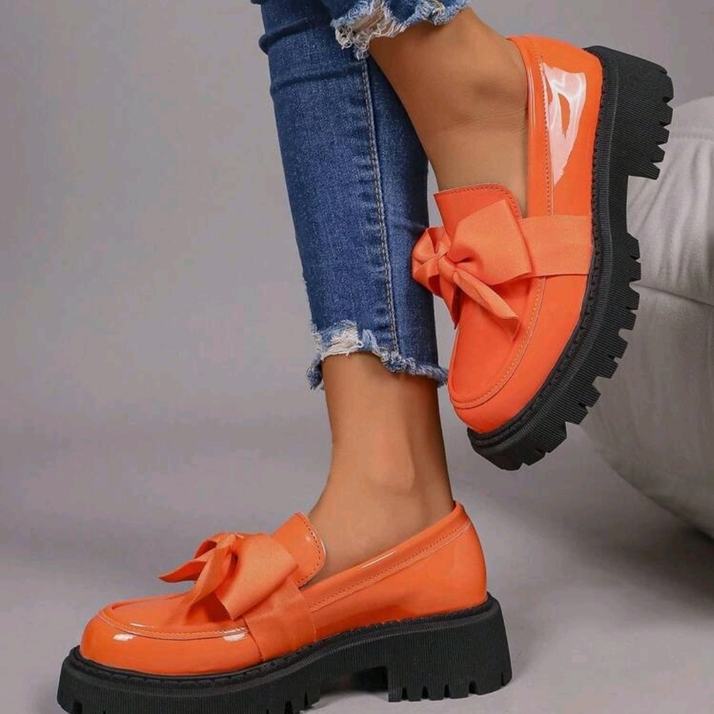 Orange Women's Loafers with Bow Detail